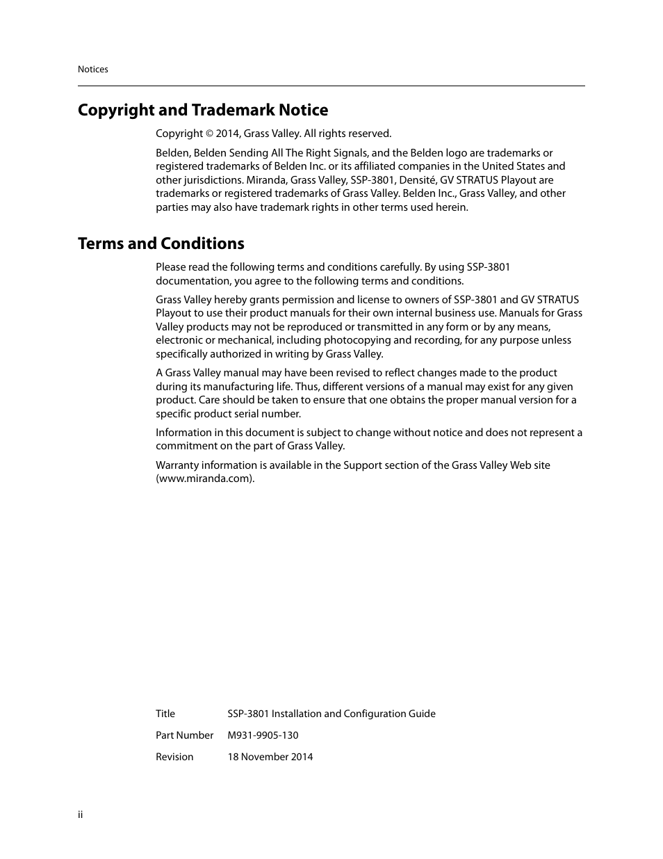 Copyright and trademark notice, Terms and conditions | Grass Valley SSP-3801 Installation v.1.3 User Manual | Page 2 / 57