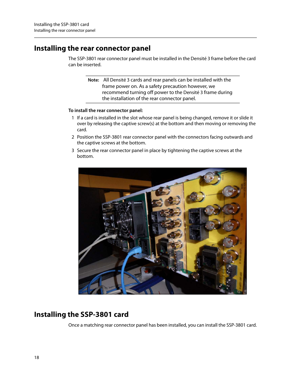Installing the rear connector panel, Installing the ssp-3801 card | Grass Valley SSP-3801 Installation v.1.3 User Manual | Page 22 / 57