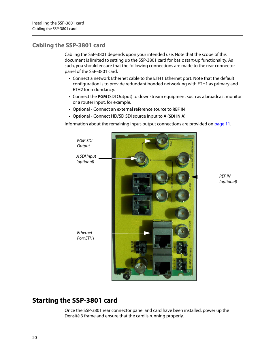 Cabling the ssp-3801 card, Starting the ssp-3801 card | Grass Valley SSP-3801 Installation v.1.3 User Manual | Page 24 / 57