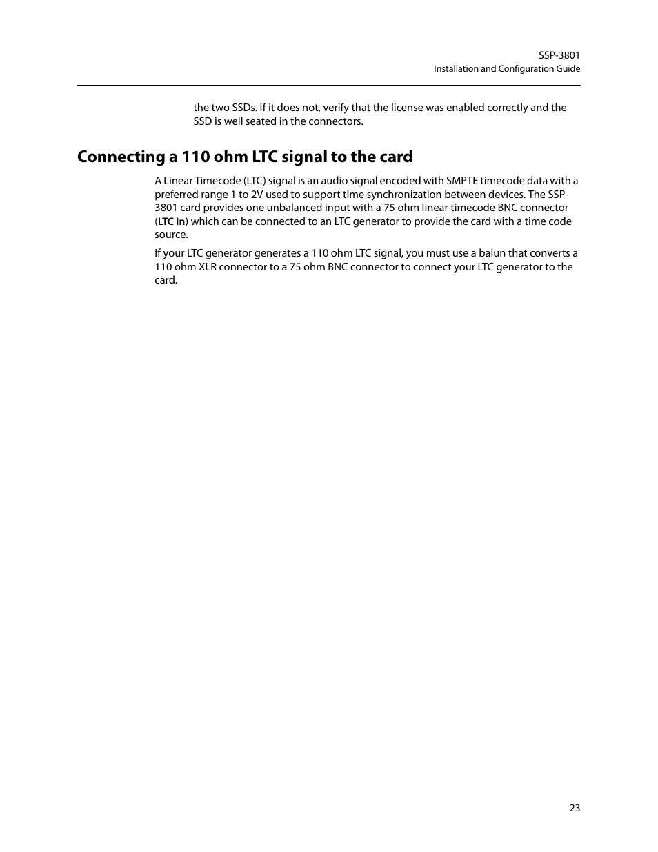 Connecting a 110 ohm ltc signal to the card | Grass Valley SSP-3801 Installation v.1.3 User Manual | Page 27 / 57