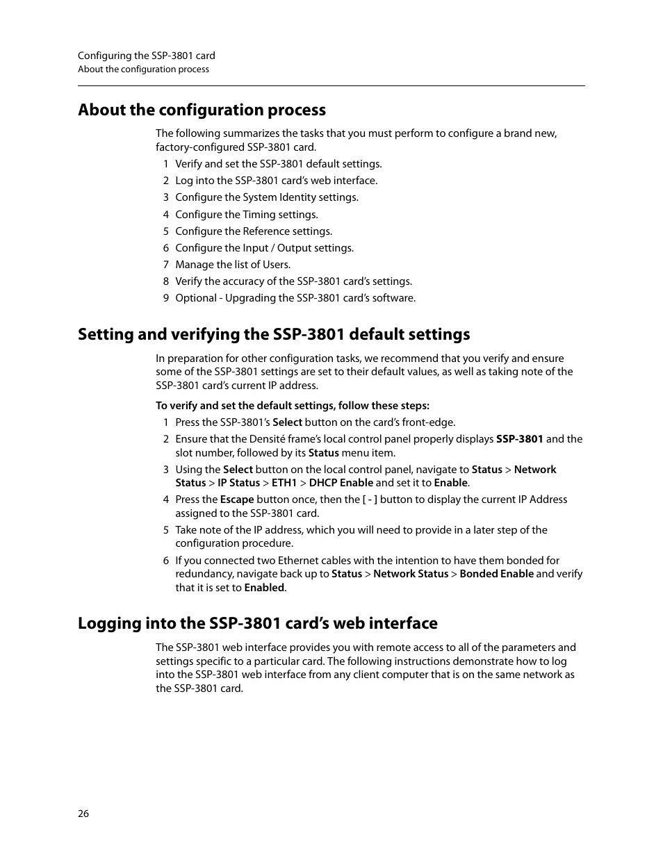 About the configuration process, Logging into the ssp-3801 card’s web interface, Ion see | Logging into the ssp-3801, Card’s web interface | Grass Valley SSP-3801 Installation v.1.3 User Manual | Page 30 / 57