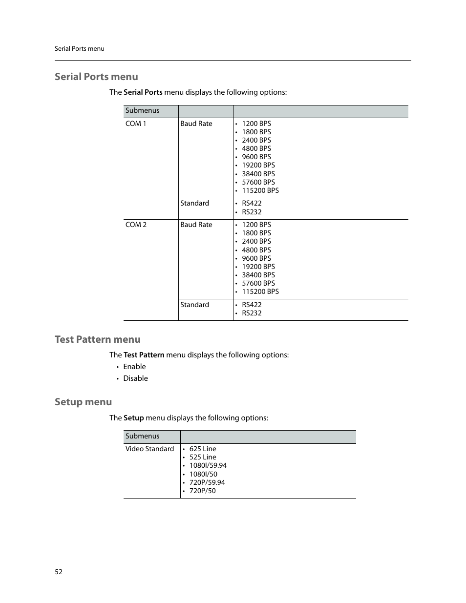 Serial ports menu, Test pattern menu, Setup menu | Serial ports menu test pattern menu setup menu, Menu (see | Grass Valley SSP-3801 Installation v.1.3 User Manual | Page 56 / 57