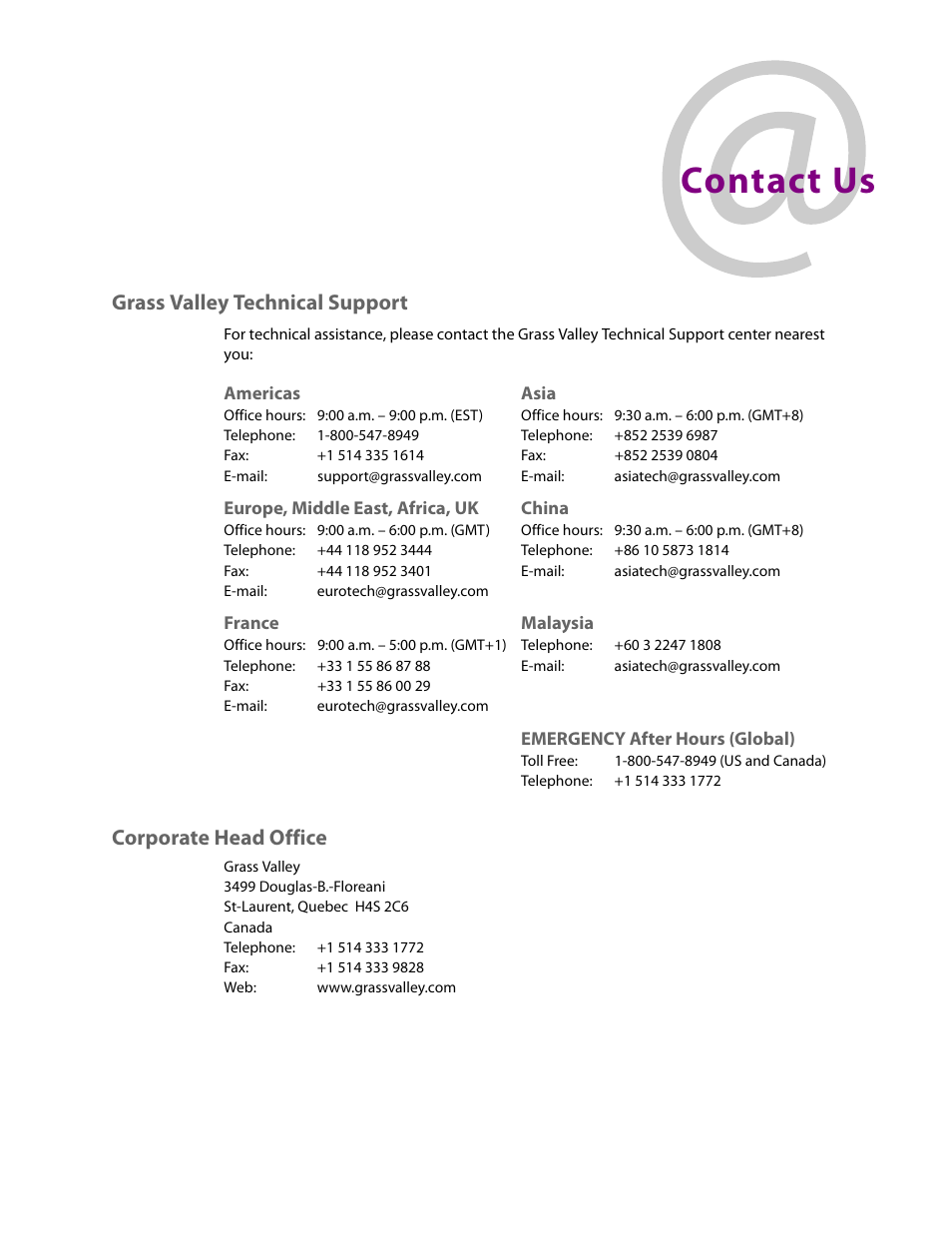 Contact us, Grass valley technical support, Corporate head office | Grass Valley SSP-3801 Installation v.1.3 User Manual | Page 57 / 57