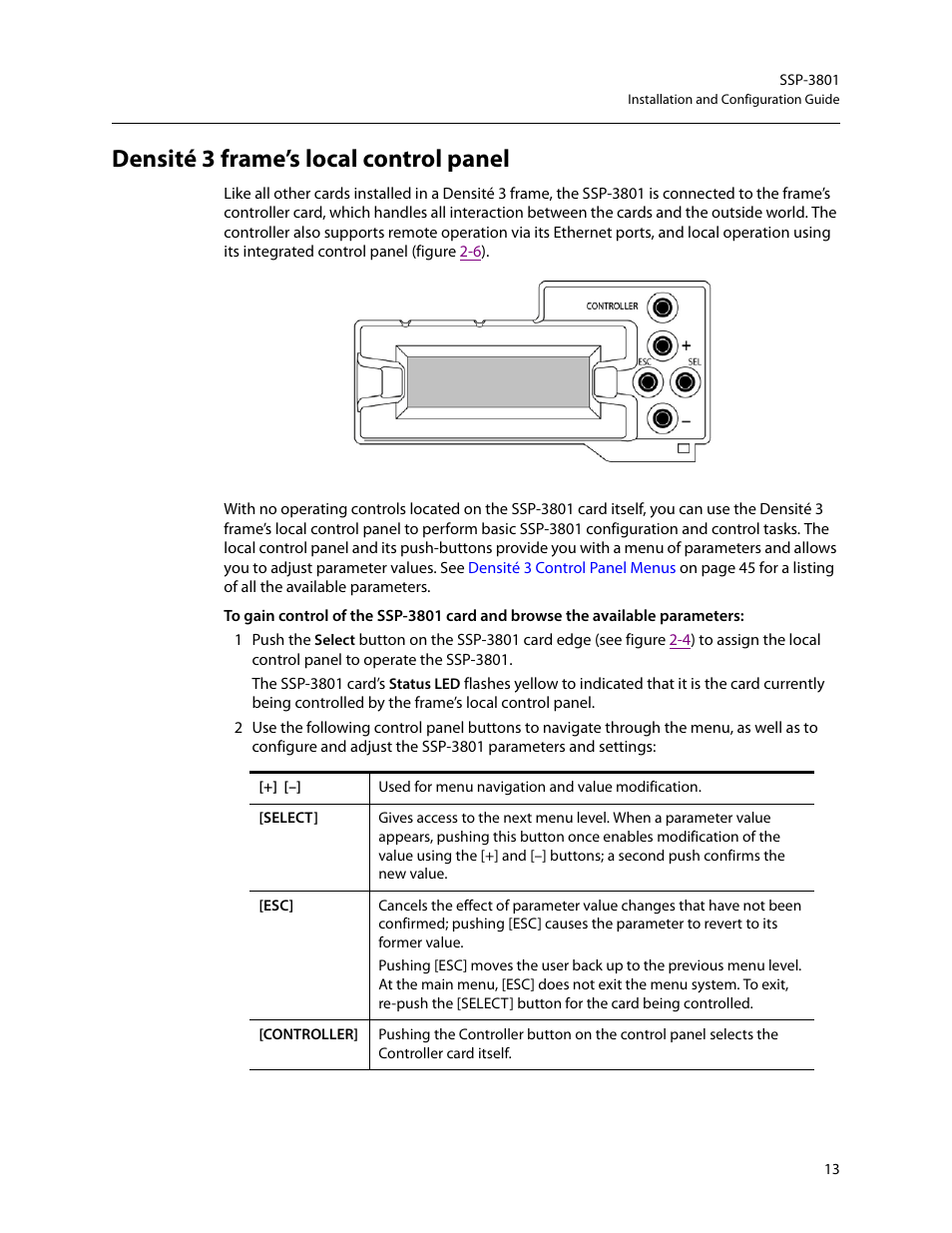 Densité 3 frame’s local control panel | Grass Valley SSP-3801 Installation v.1.2 User Manual | Page 17 / 56