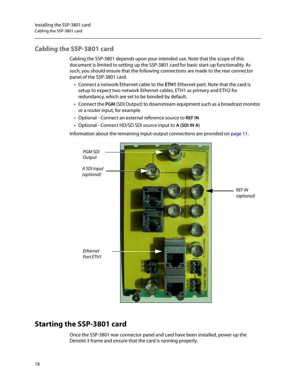 Cabling the ssp-3801 card, Starting the ssp-3801 card | Grass Valley SSP-3801 Installation v.1.2 User Manual | Page 22 / 56