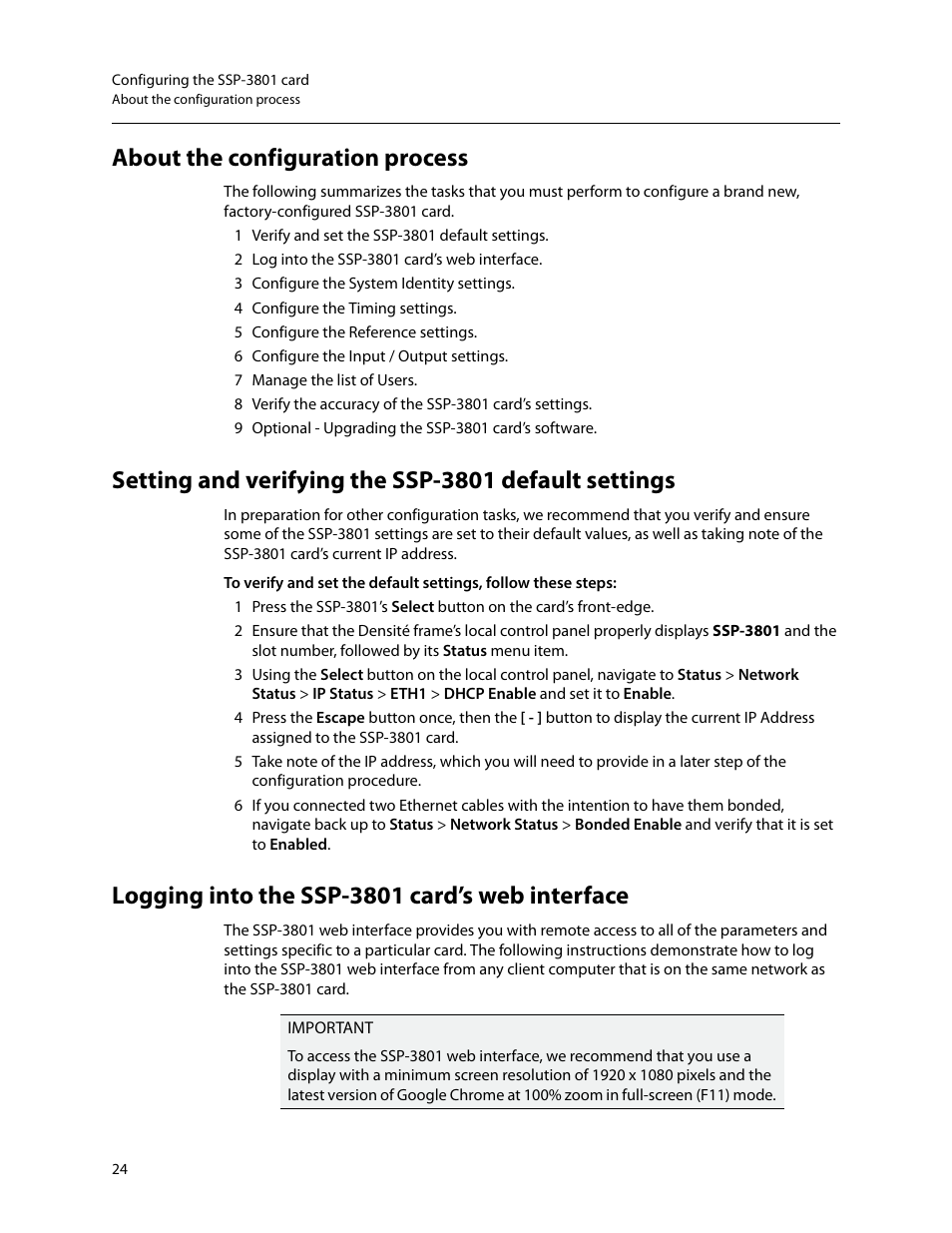 About the configuration process, Logging into the ssp-3801 card’s web interface, Ion see | Logging into the ssp-3801, Card’s web interface | Grass Valley SSP-3801 Installation v.1.2 User Manual | Page 28 / 56