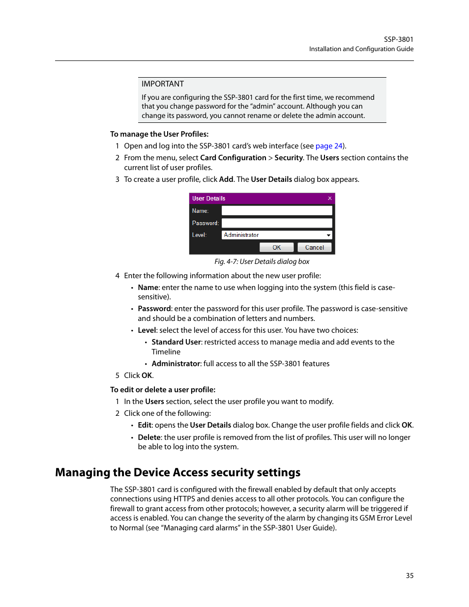 Managing the device access security settings | Grass Valley SSP-3801 Installation v.1.2 User Manual | Page 39 / 56