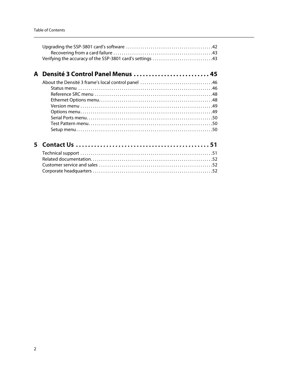 A densité 3 control panel menus, 5 contact us | Grass Valley SSP-3801 Installation v.1.2 User Manual | Page 4 / 56