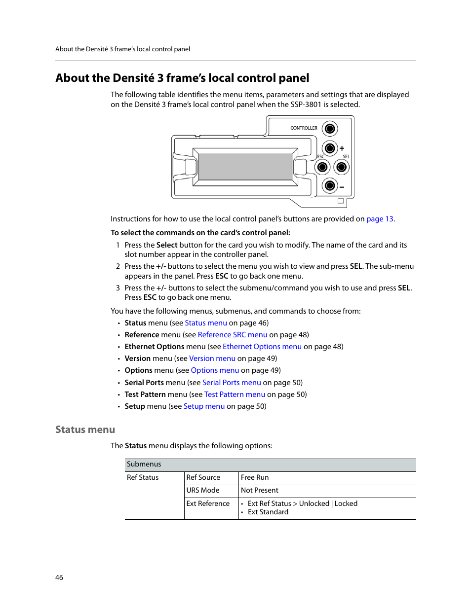 About the densité 3 frame’s local control panel, Status menu | Grass Valley SSP-3801 Installation v.1.2 User Manual | Page 50 / 56