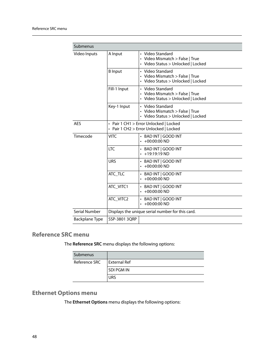 Reference src menu, Ethernet options menu, Reference src menu ethernet options menu | Menu (see | Grass Valley SSP-3801 Installation v.1.2 User Manual | Page 52 / 56