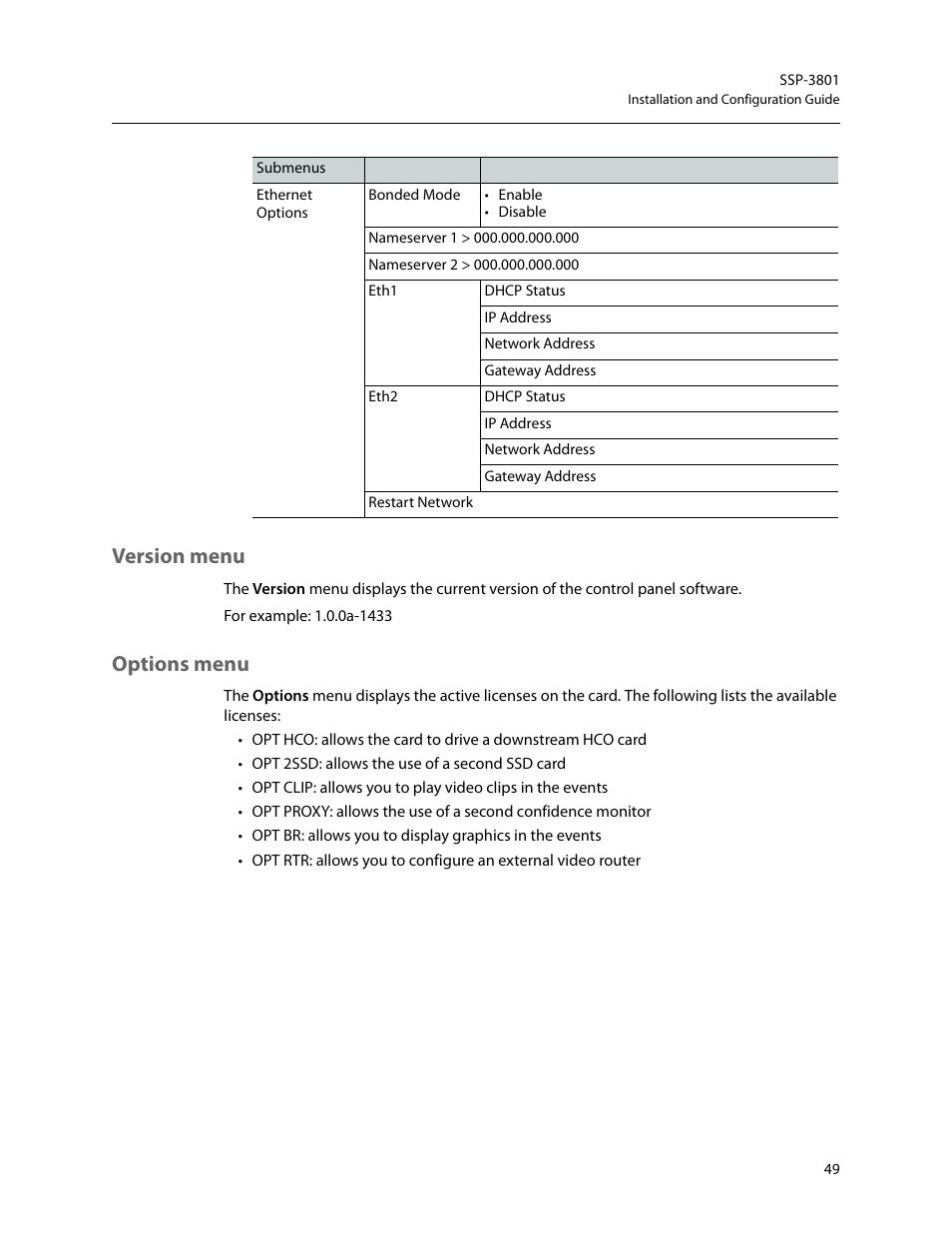 Version menu, Options menu, Version menu options menu | Grass Valley SSP-3801 Installation v.1.2 User Manual | Page 53 / 56