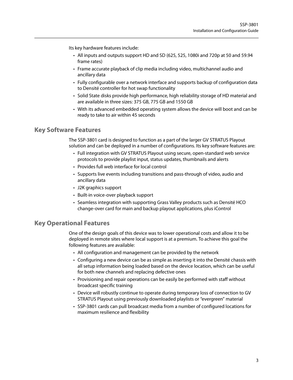 Key software features, Key operational features, Key software features key operational features | Grass Valley SSP-3801 Installation v.1.2 User Manual | Page 7 / 56