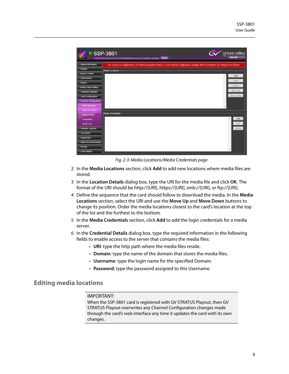 Editing media locations | Grass Valley SSP-3801 User Guide v.1.3 User Manual | Page 13 / 79