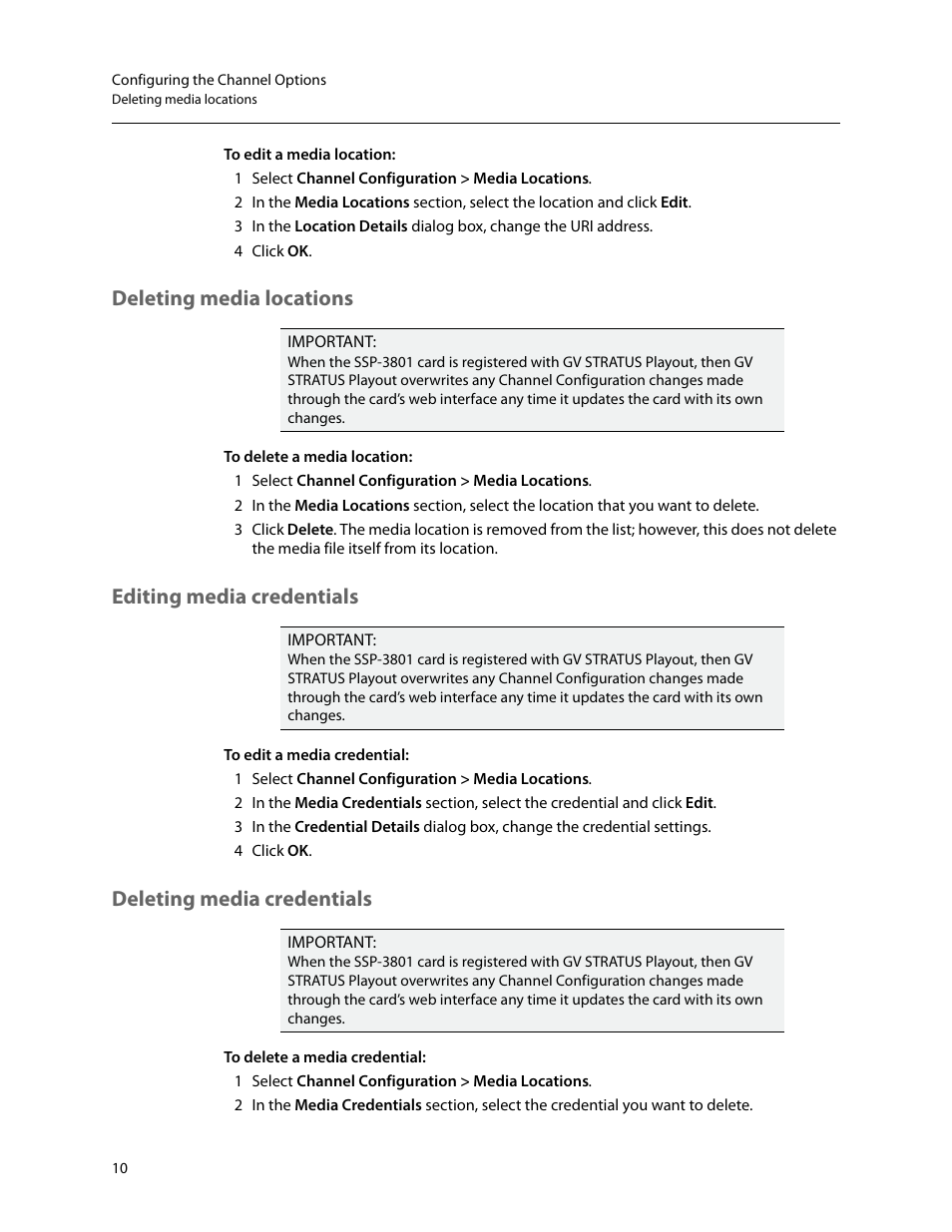 Deleting media locations, Editing media credentials, Deleting media credentials | Grass Valley SSP-3801 User Guide v.1.3 User Manual | Page 14 / 79