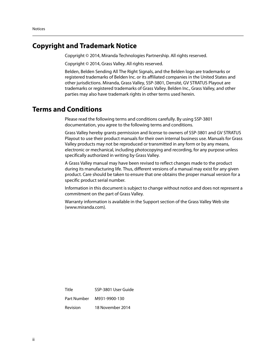 Copyright and trademark notice, Terms and conditions | Grass Valley SSP-3801 User Guide v.1.3 User Manual | Page 2 / 79