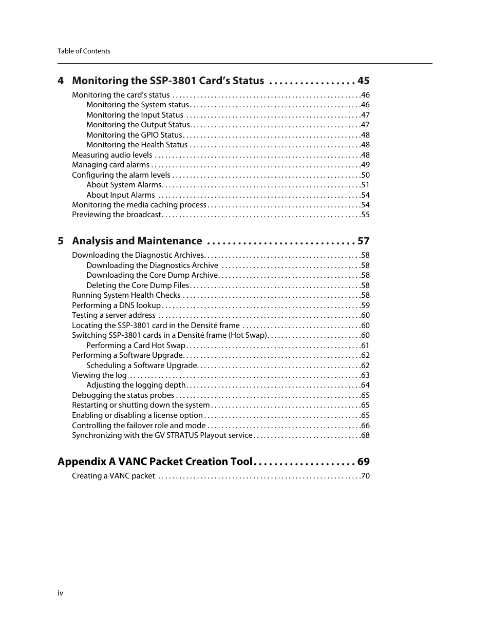 5 analysis and maintenance, Appendix a vanc packet creation tool | Grass Valley SSP-3801 User Guide v.1.3 User Manual | Page 4 / 79