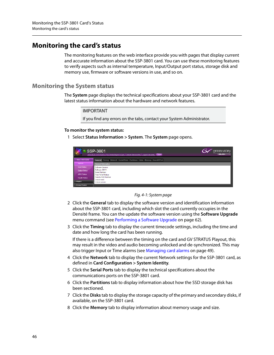 Monitoring the card’s status, Monitoring the system status | Grass Valley SSP-3801 User Guide v.1.3 User Manual | Page 50 / 79