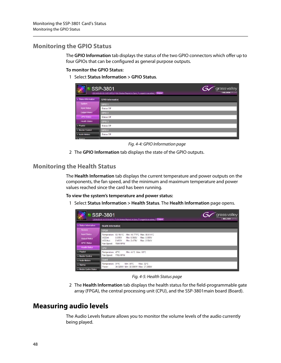 Monitoring the gpio status, Monitoring the health status, Measuring audio levels | Grass Valley SSP-3801 User Guide v.1.3 User Manual | Page 52 / 79
