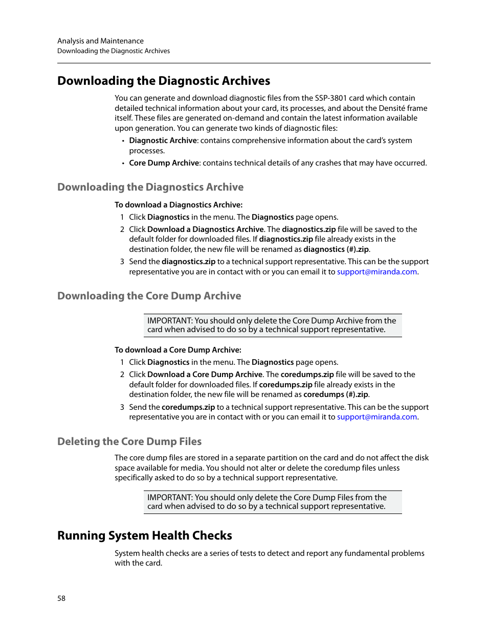 Downloading the diagnostic archives, Downloading the diagnostics archive, Downloading the core dump archive | Deleting the core dump files, Running system health checks | Grass Valley SSP-3801 User Guide v.1.3 User Manual | Page 62 / 79