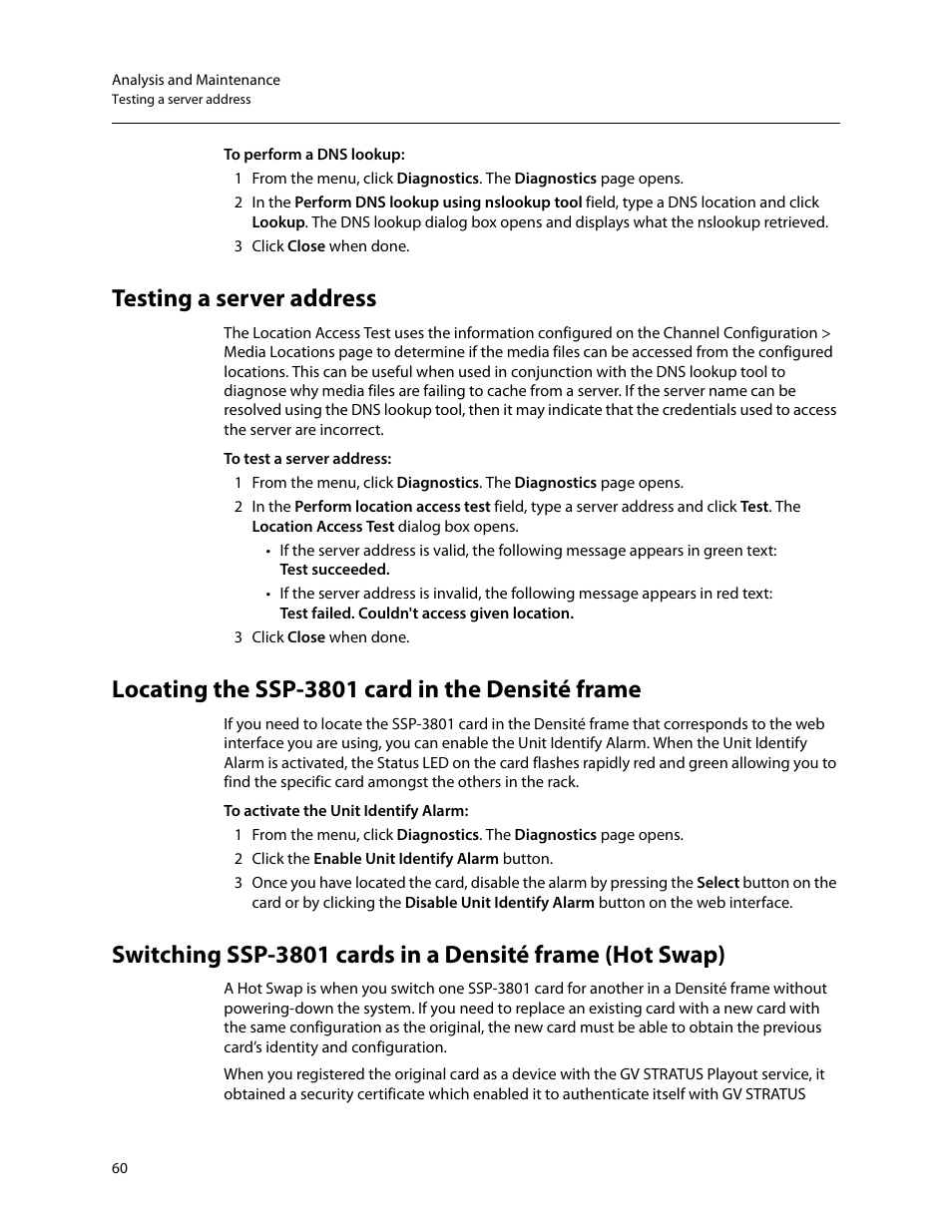 Testing a server address, Locating the ssp-3801 card in the densité frame | Grass Valley SSP-3801 User Guide v.1.3 User Manual | Page 64 / 79