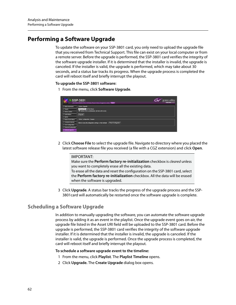Performing a software upgrade, Scheduling a software upgrade | Grass Valley SSP-3801 User Guide v.1.3 User Manual | Page 66 / 79