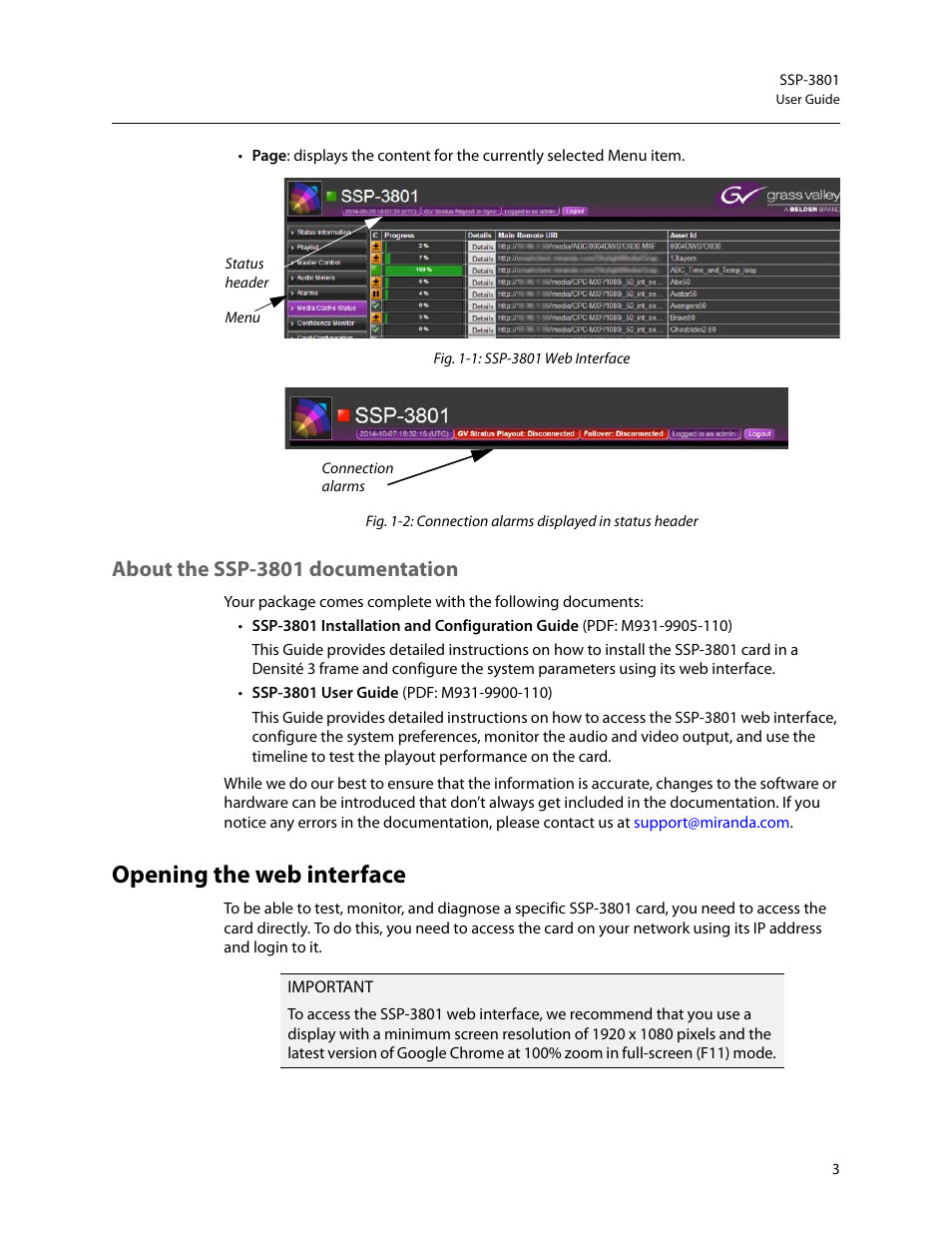 About the ssp-3801 documentation, Opening the web interface, Ation (see | Opening the web, Interface | Grass Valley SSP-3801 User Guide v.1.3 User Manual | Page 7 / 79