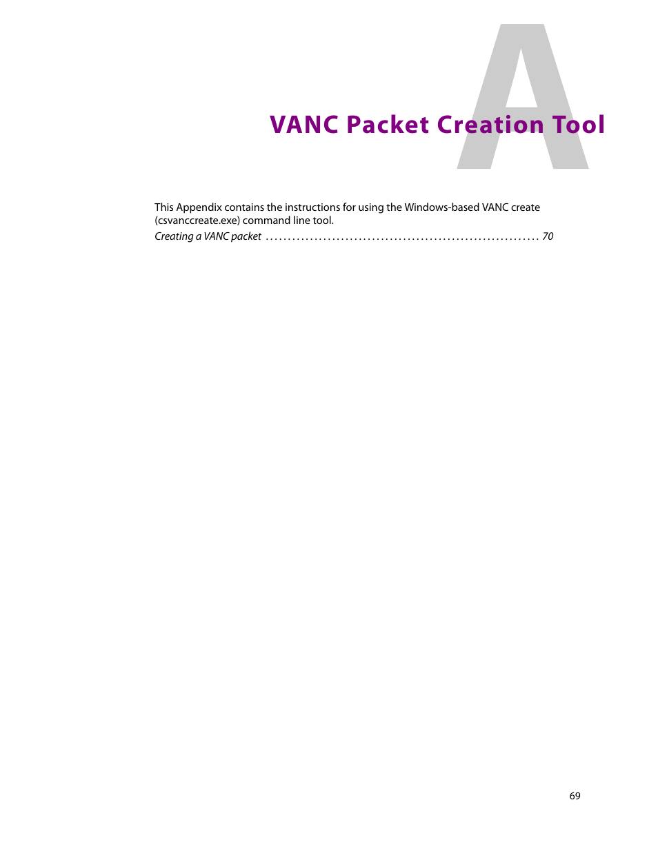 Vanc packet creation tool, Appendix a vanc packet creation tool | Grass Valley SSP-3801 User Guide v.1.3 User Manual | Page 73 / 79