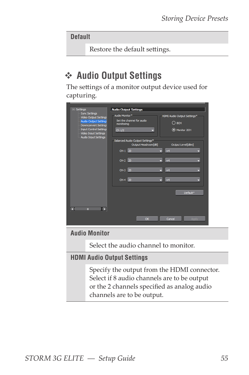 Audio output settings | Grass Valley STORM 3G Elite User Manual | Page 55 / 77