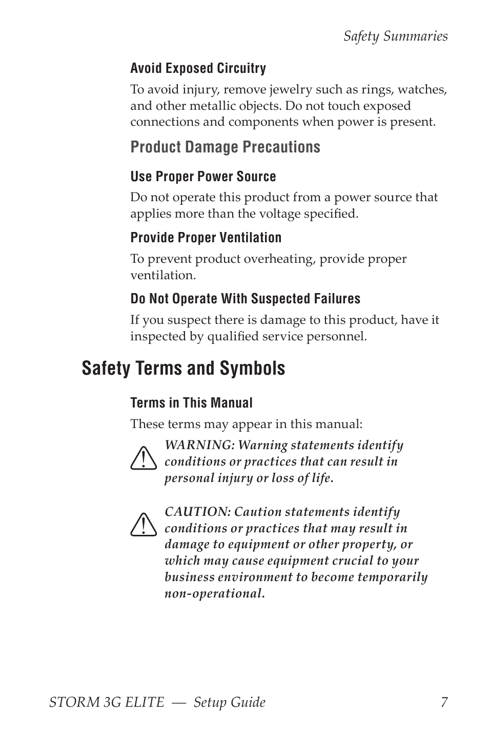 Safety terms and symbols, Product damage precautions | Grass Valley STORM 3G Elite User Manual | Page 7 / 77