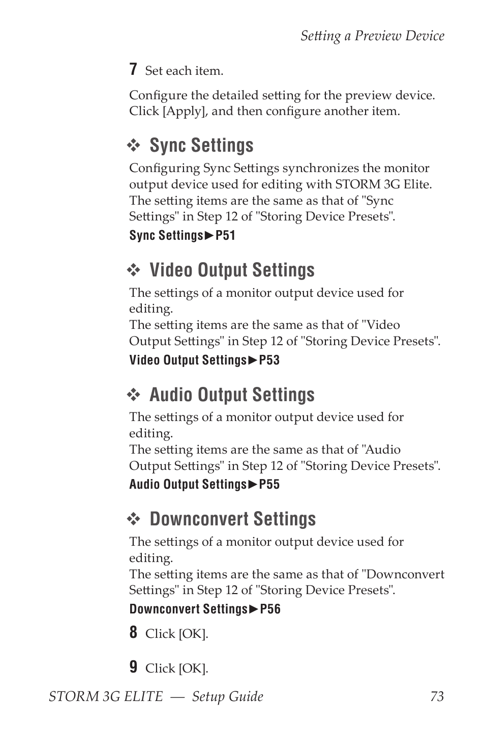 Sync settings, Video output settings, Audio output settings | Downconvert settings | Grass Valley STORM 3G Elite User Manual | Page 73 / 77