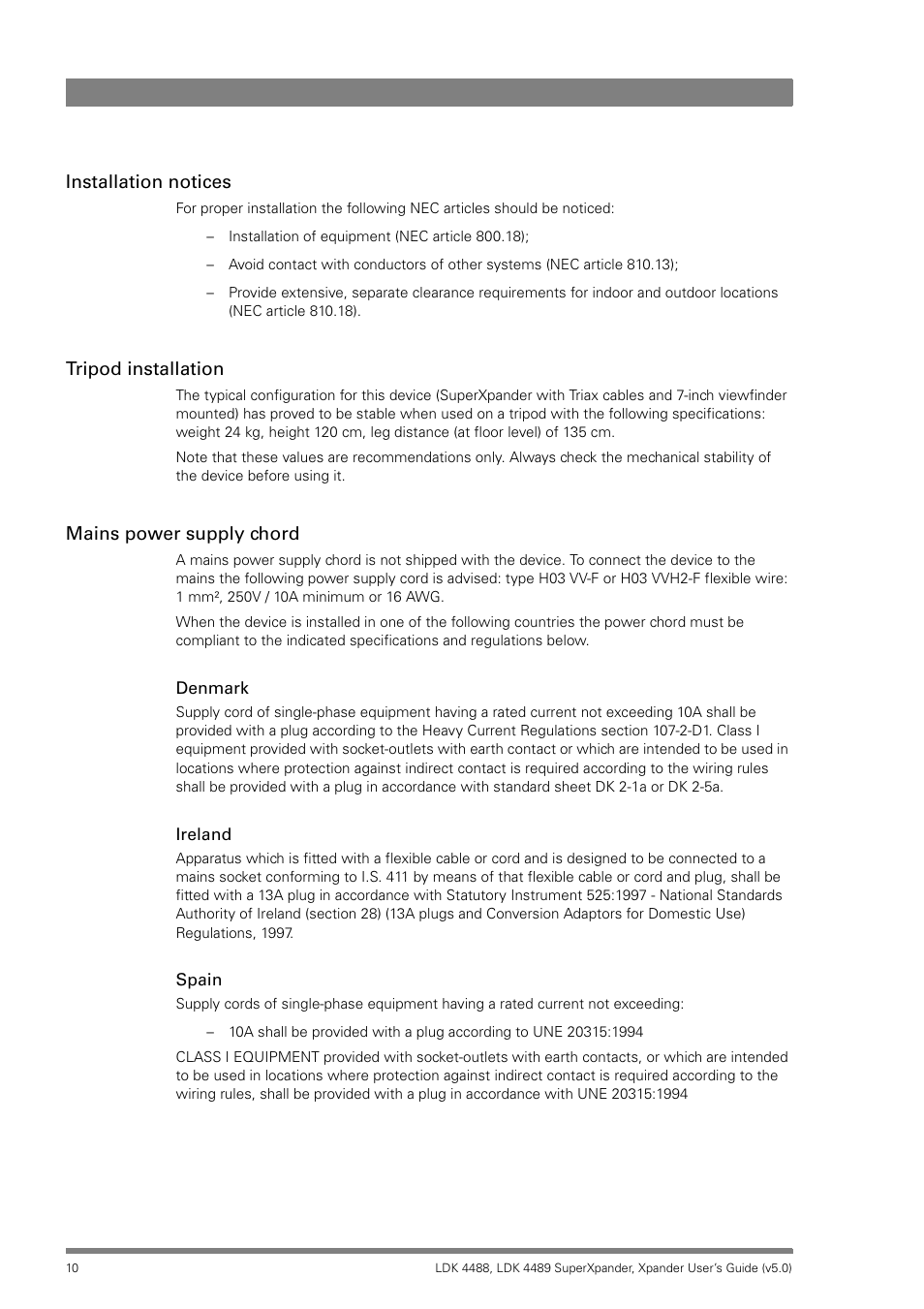 Installation notices, Tripod installation, Mains power supply chord | Grass Valley LDK 4488 User Manual | Page 10 / 46