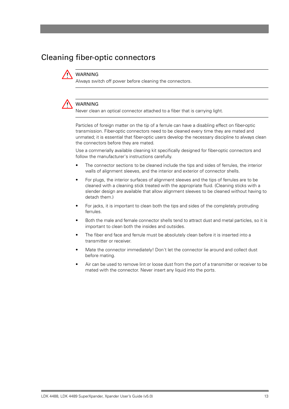 Cleaning fiber-optic connectors | Grass Valley LDK 4488 User Manual | Page 13 / 46