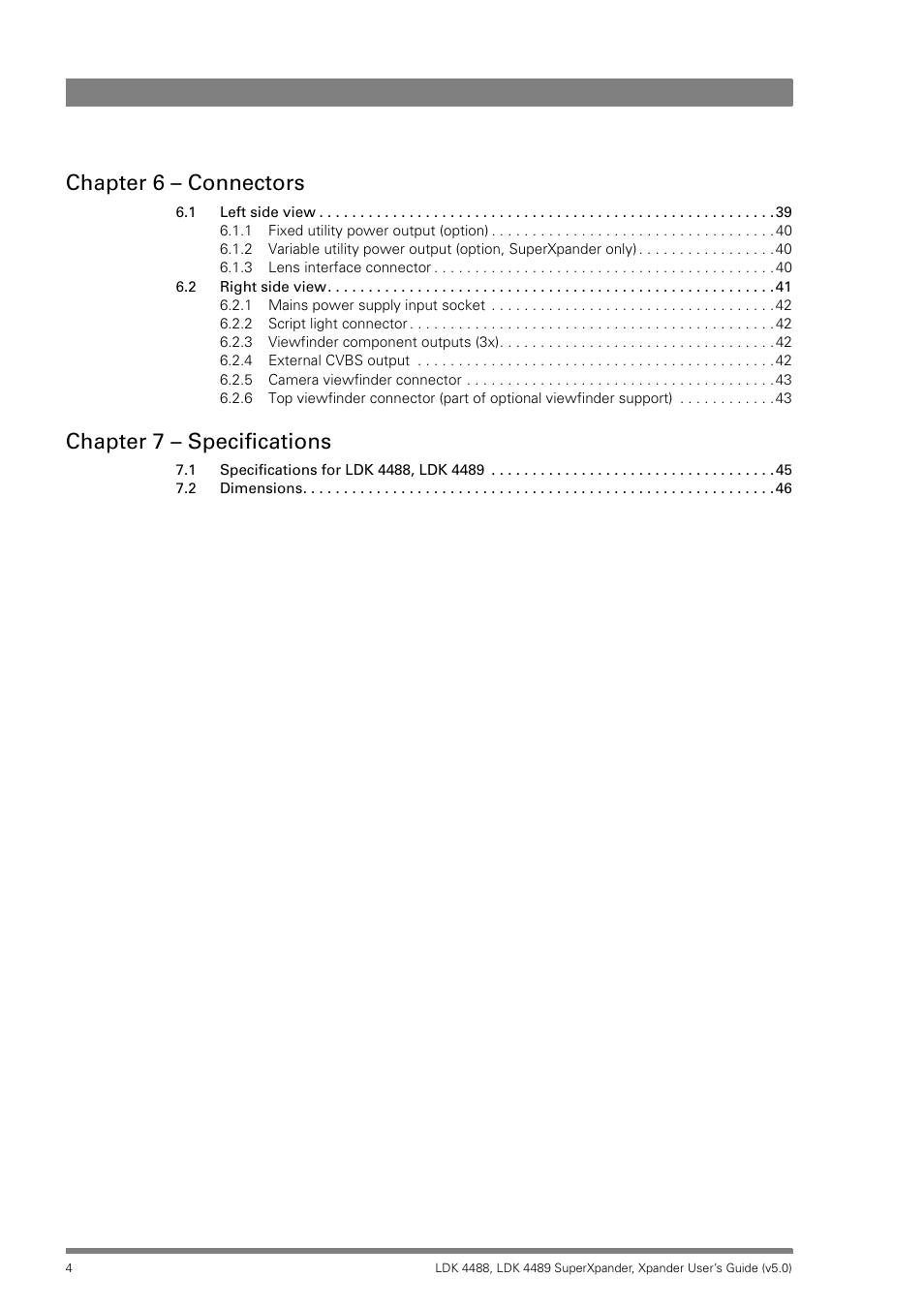 Chapter 6 – connectors, Chapter 7 – specifications | Grass Valley LDK 4488 User Manual | Page 4 / 46