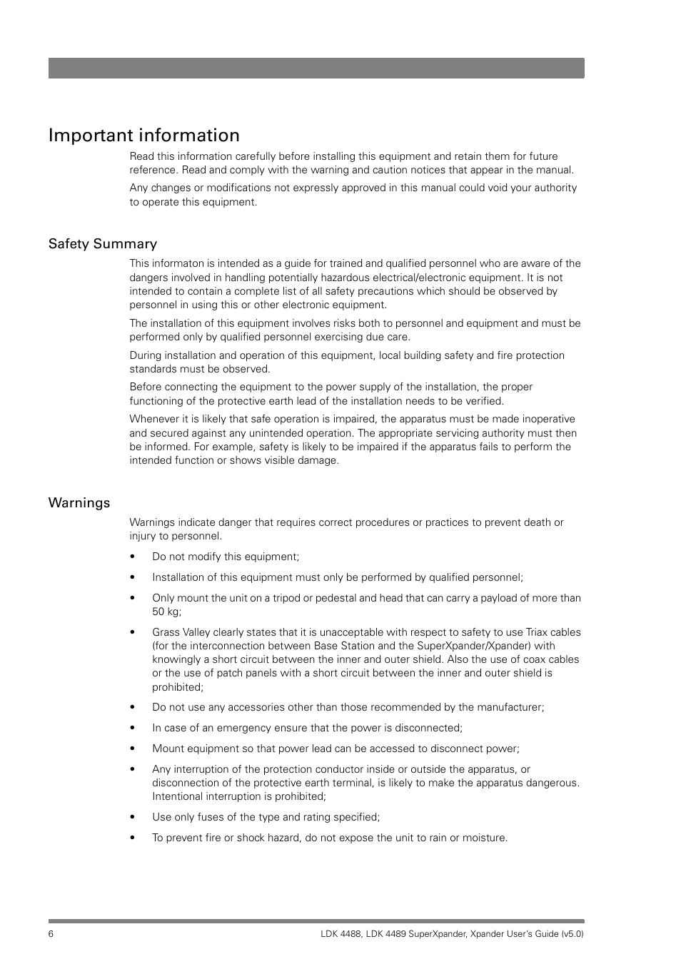 Important information, Safety summary, Warnings | Grass Valley LDK 4488 User Manual | Page 6 / 46