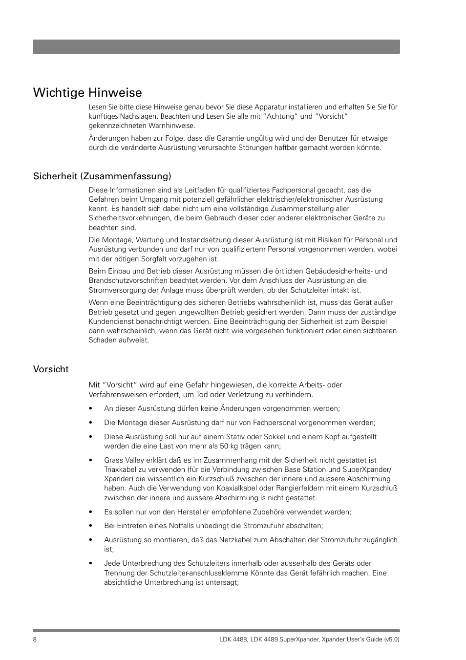 Wichtige hinweise, Sicherheit (zusammenfassung), Vorsicht | Grass Valley LDK 4488 User Manual | Page 8 / 46