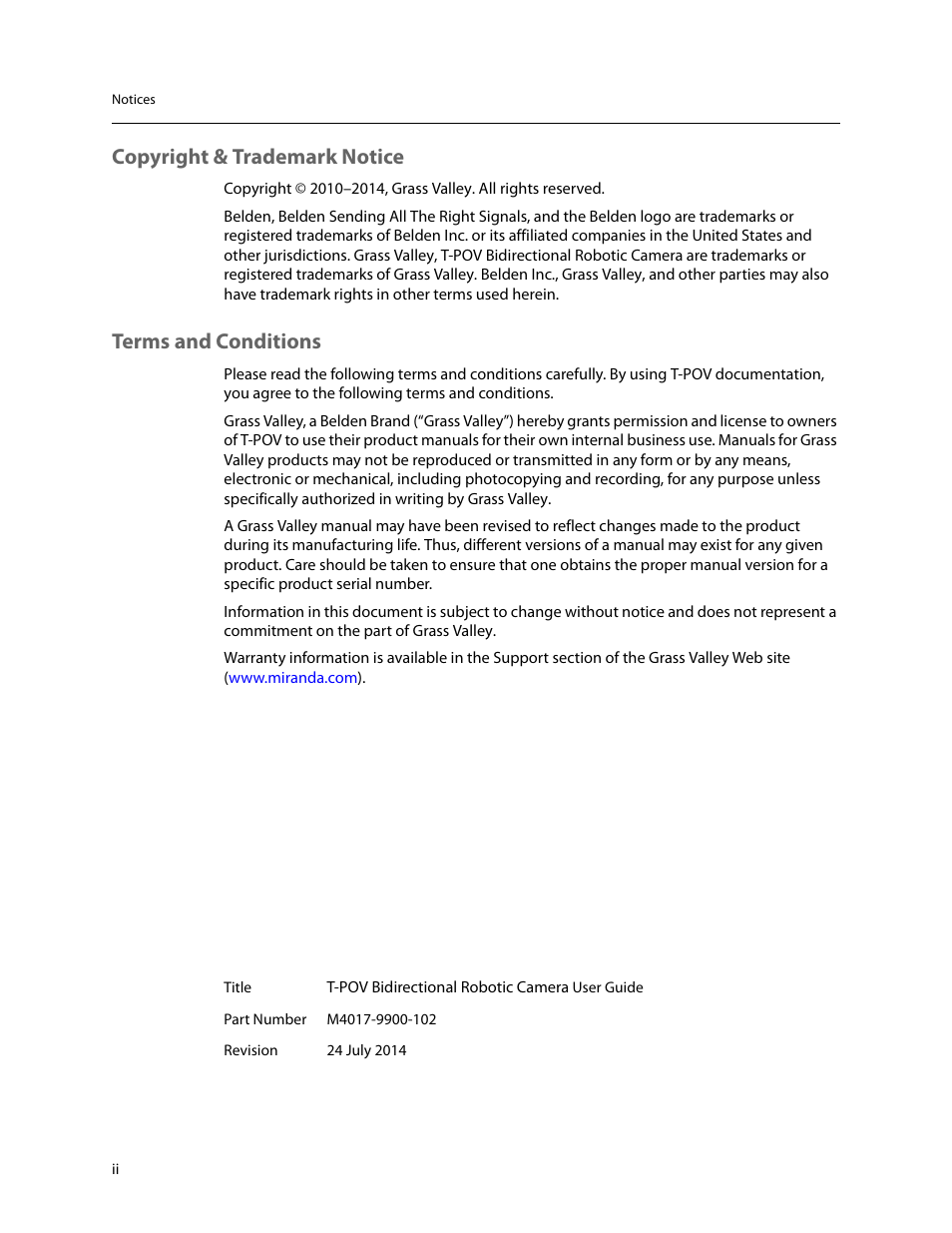 Copyright & trademark notice, Terms and conditions | Grass Valley T-POV Bidirectional Robotic User Manual | Page 2 / 89