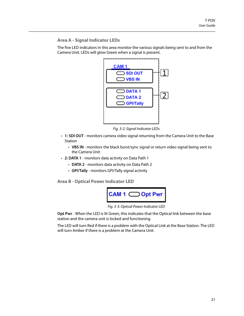 Area a - signal indicator leds, Area b - optical power indicator led | Grass Valley T-POV Bidirectional Robotic User Manual | Page 27 / 89