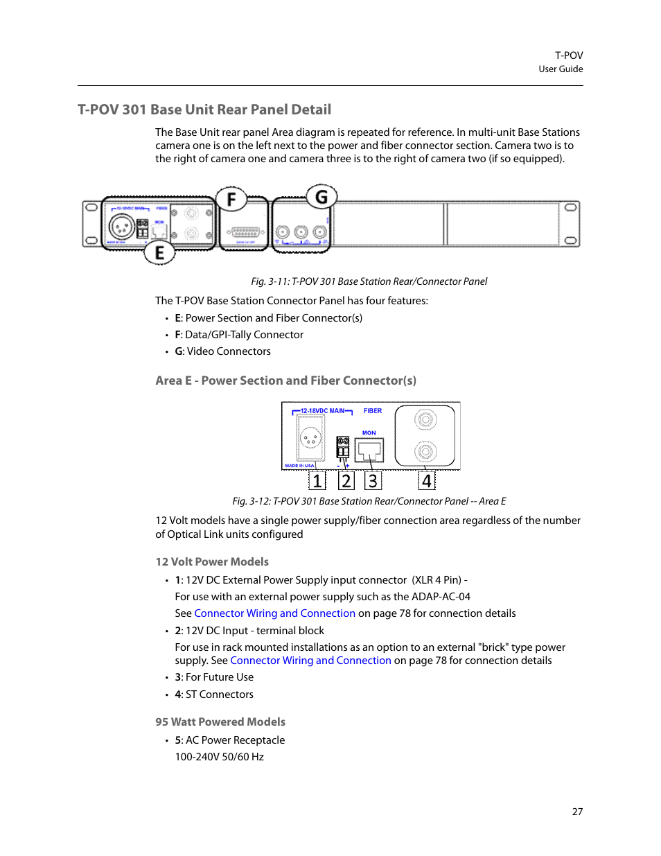 T-pov 301 base unit rear panel detail, Area e - power section and fiber connector(s) | Grass Valley T-POV Bidirectional Robotic User Manual | Page 33 / 89