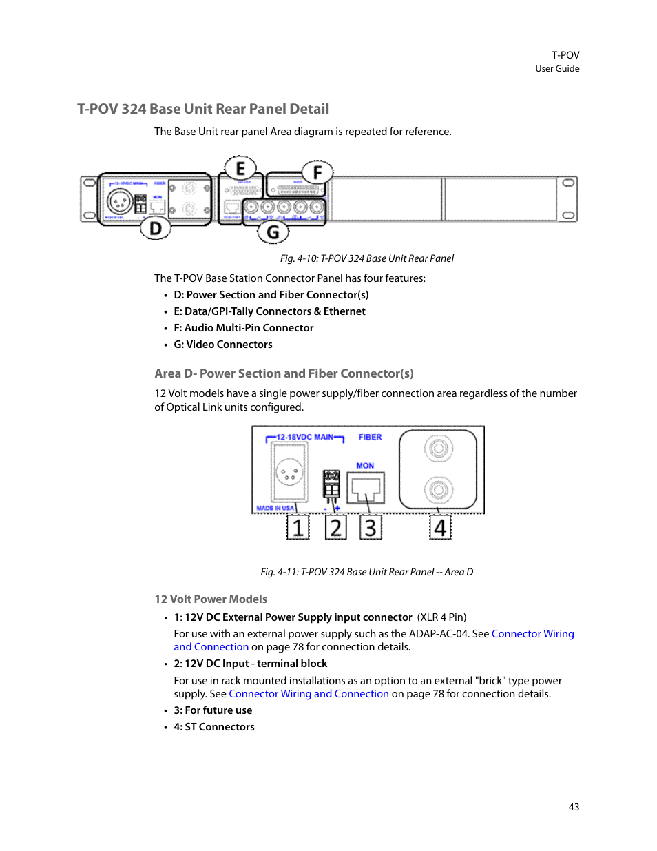 T-pov 324 base unit rear panel detail, Area d- power section and fiber connector(s) | Grass Valley T-POV Bidirectional Robotic User Manual | Page 49 / 89