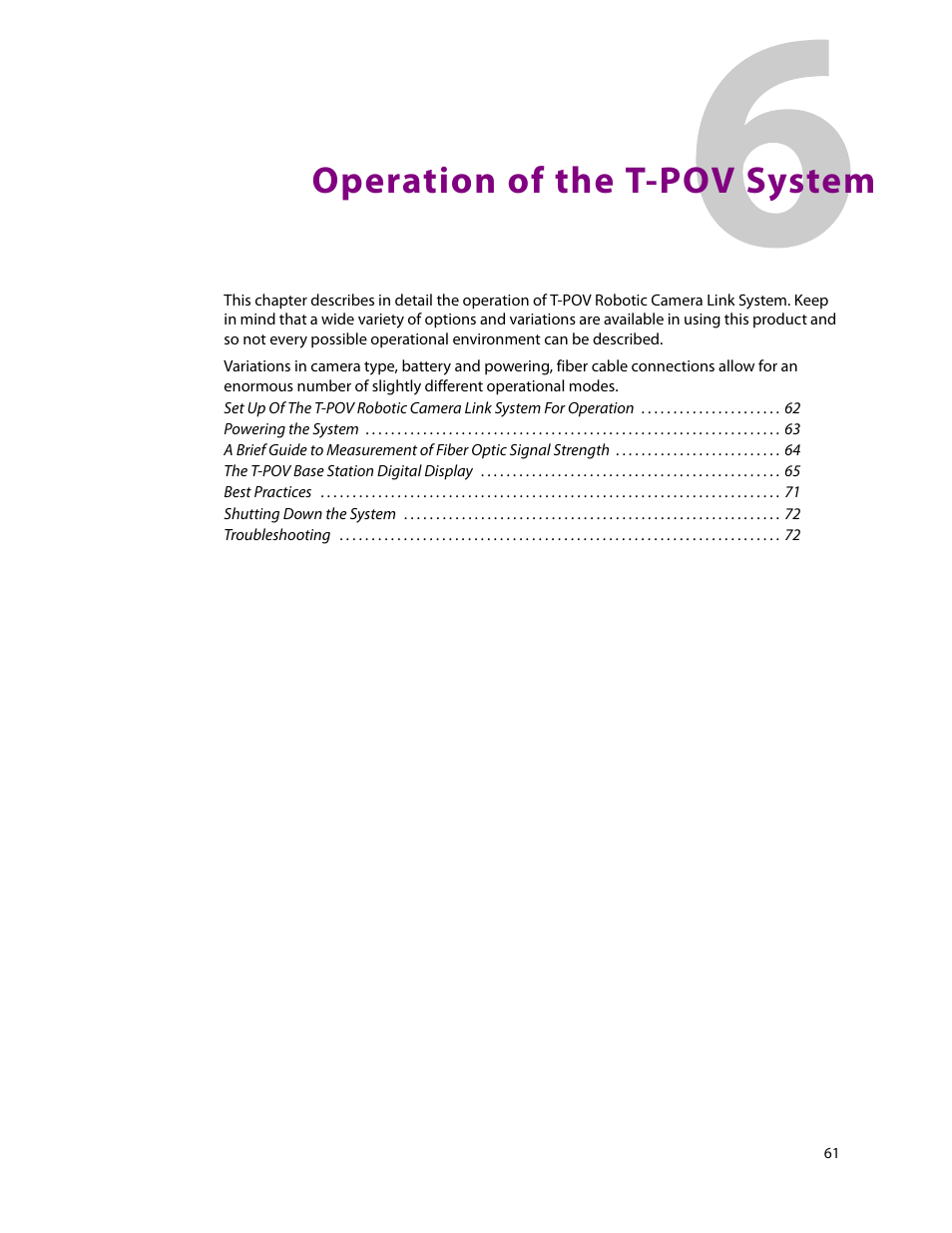 6 operation of the t-pov system, Operation of the t-pov system | Grass Valley T-POV Bidirectional Robotic User Manual | Page 67 / 89