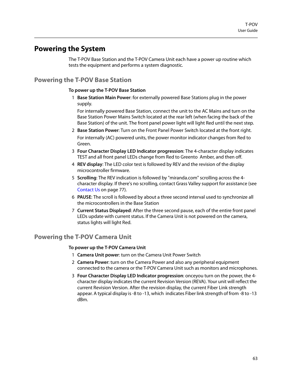 Powering the system, Powering the t-pov base station, Powering the t-pov camera unit | Grass Valley T-POV Bidirectional Robotic User Manual | Page 69 / 89