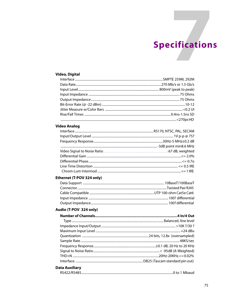 7 specifications, Specifications | Grass Valley T-POV Bidirectional Robotic User Manual | Page 81 / 89