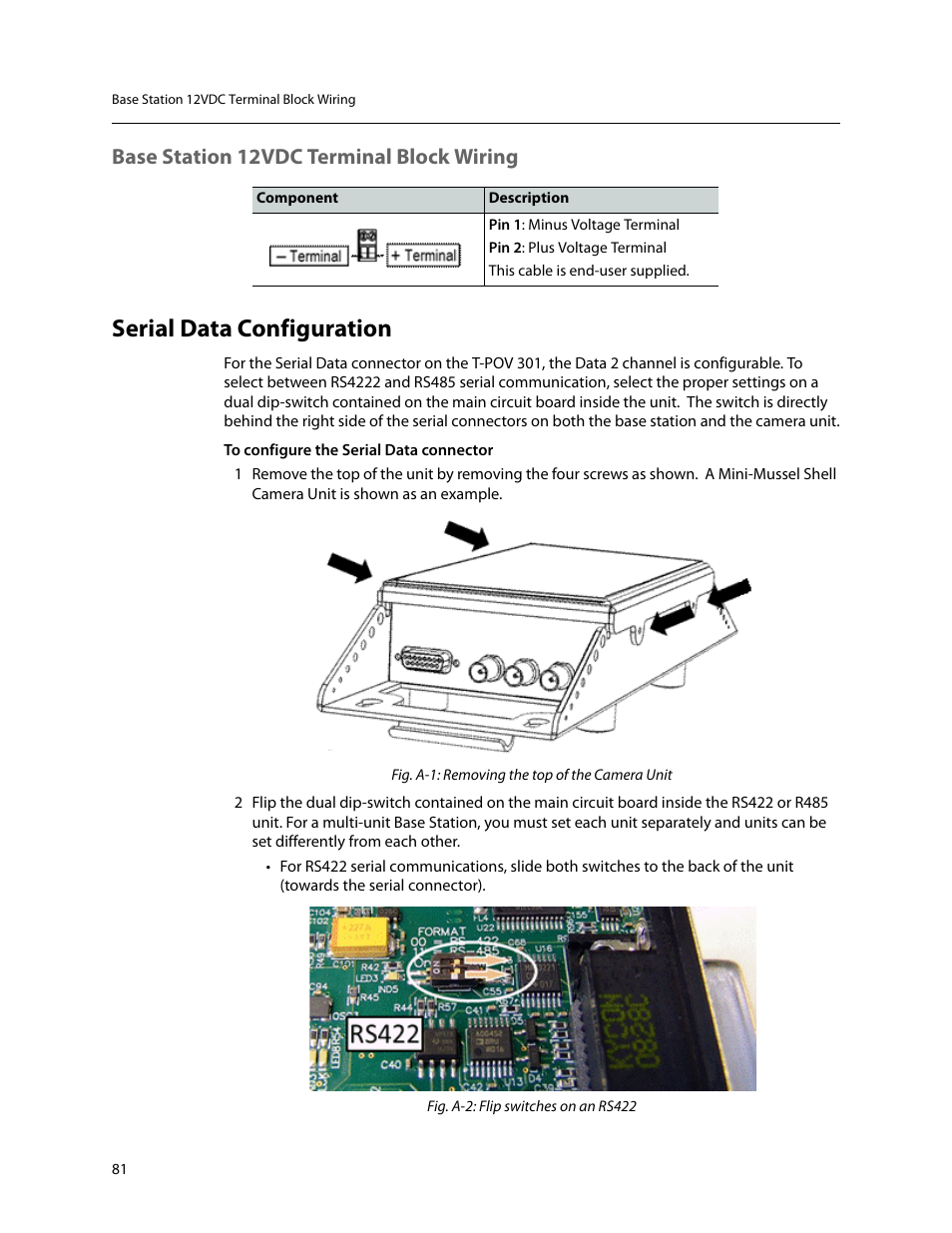 Base station 12vdc terminal block wiring, Serial data configuration | Grass Valley T-POV Bidirectional Robotic User Manual | Page 87 / 89