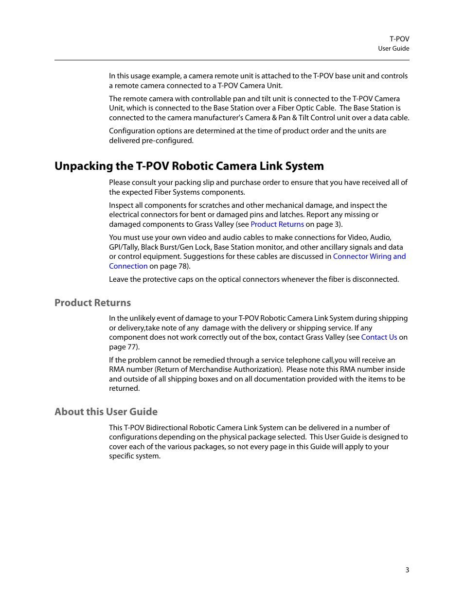 Unpacking the t-pov robotic camera link system, Product returns about this user guide, Product returns | About this user guide | Grass Valley T-POV Bidirectional Robotic User Manual | Page 9 / 89