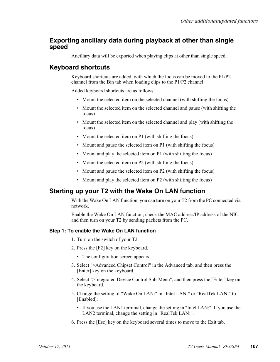 Keyboard shortcuts, Starting up your t2 with the wake on lan function, Step 1: to enable the wake on lan function | Grass Valley T2 Classic iDDR User Manual | Page 107 / 126