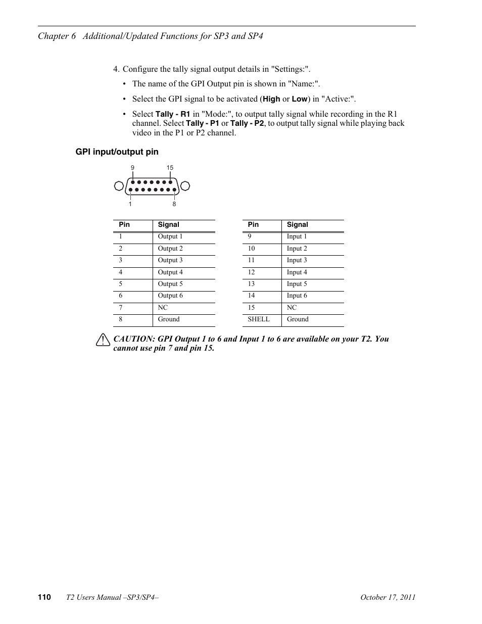 Gpi input/output pin | Grass Valley T2 Classic iDDR User Manual | Page 110 / 126