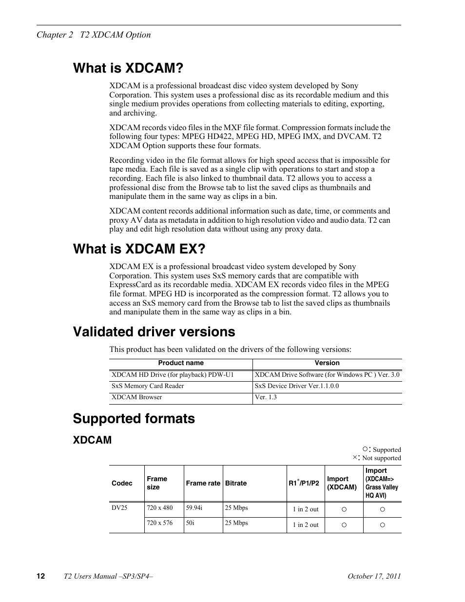 What is xdcam, What is xdcam ex, Validated driver versions | Supported formats, Xdcam | Grass Valley T2 Classic iDDR User Manual | Page 12 / 126