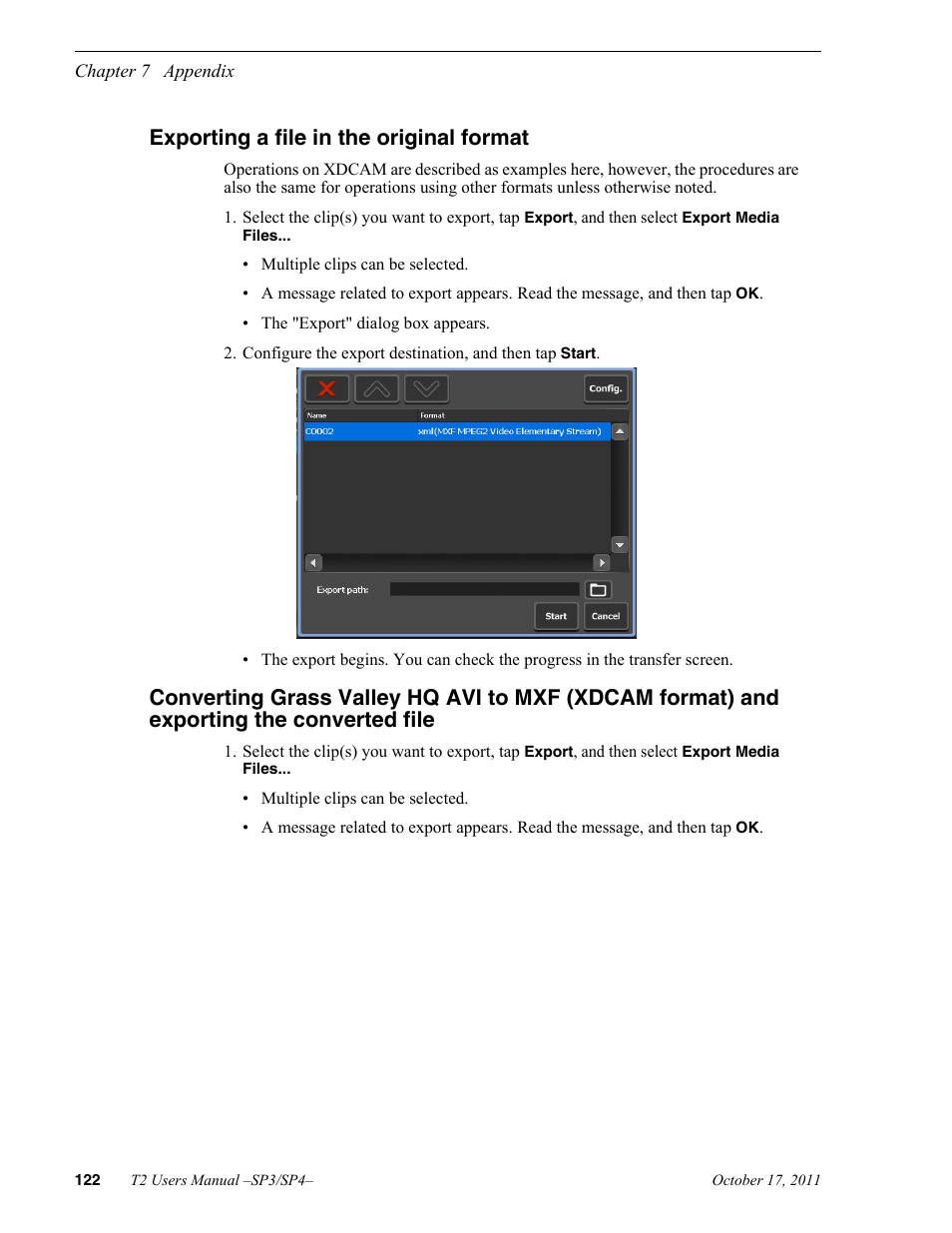 Exporting a file in the original format, Exporting the converted file | Grass Valley T2 Classic iDDR User Manual | Page 122 / 126
