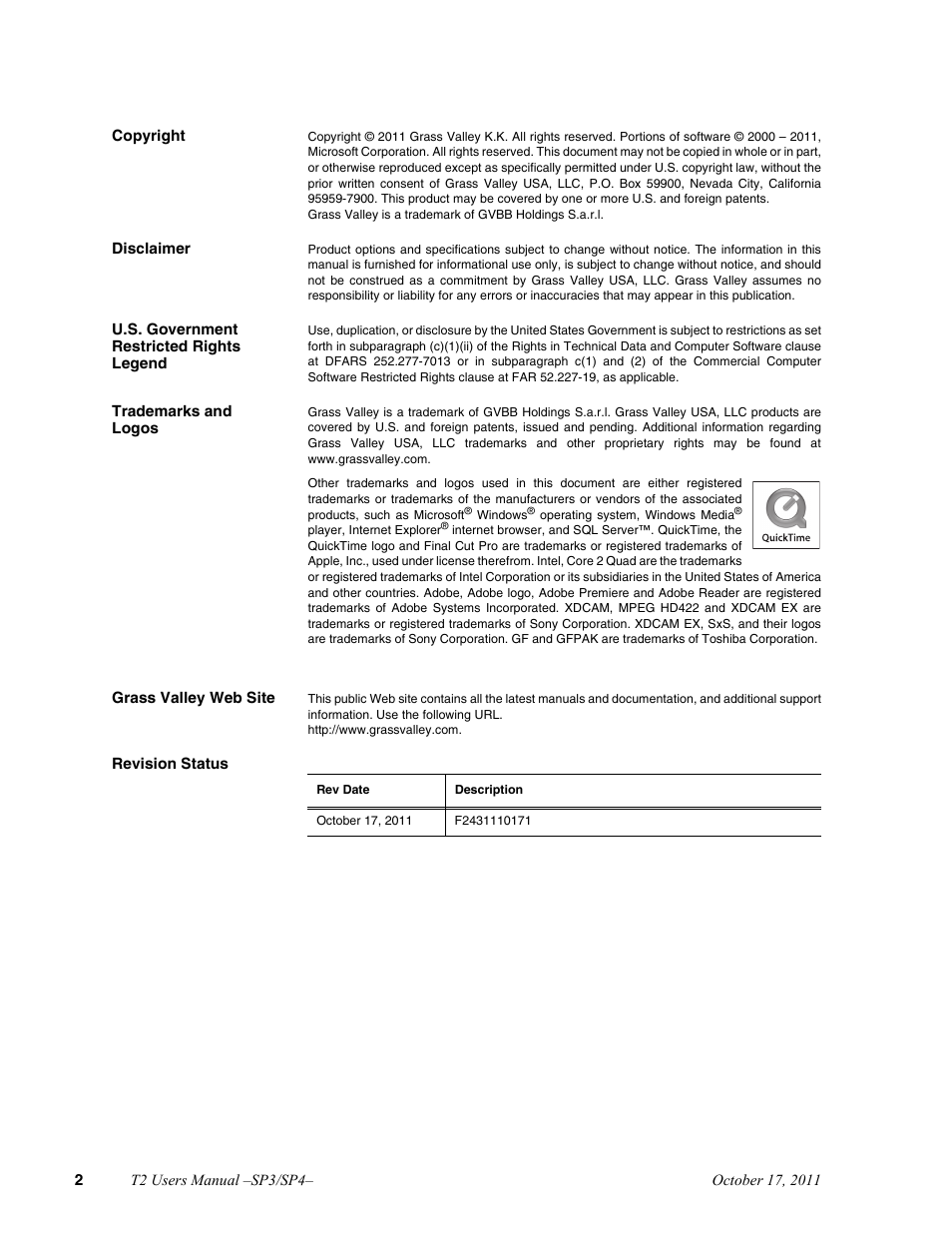Grass Valley T2 Classic iDDR User Manual | Page 2 / 126
