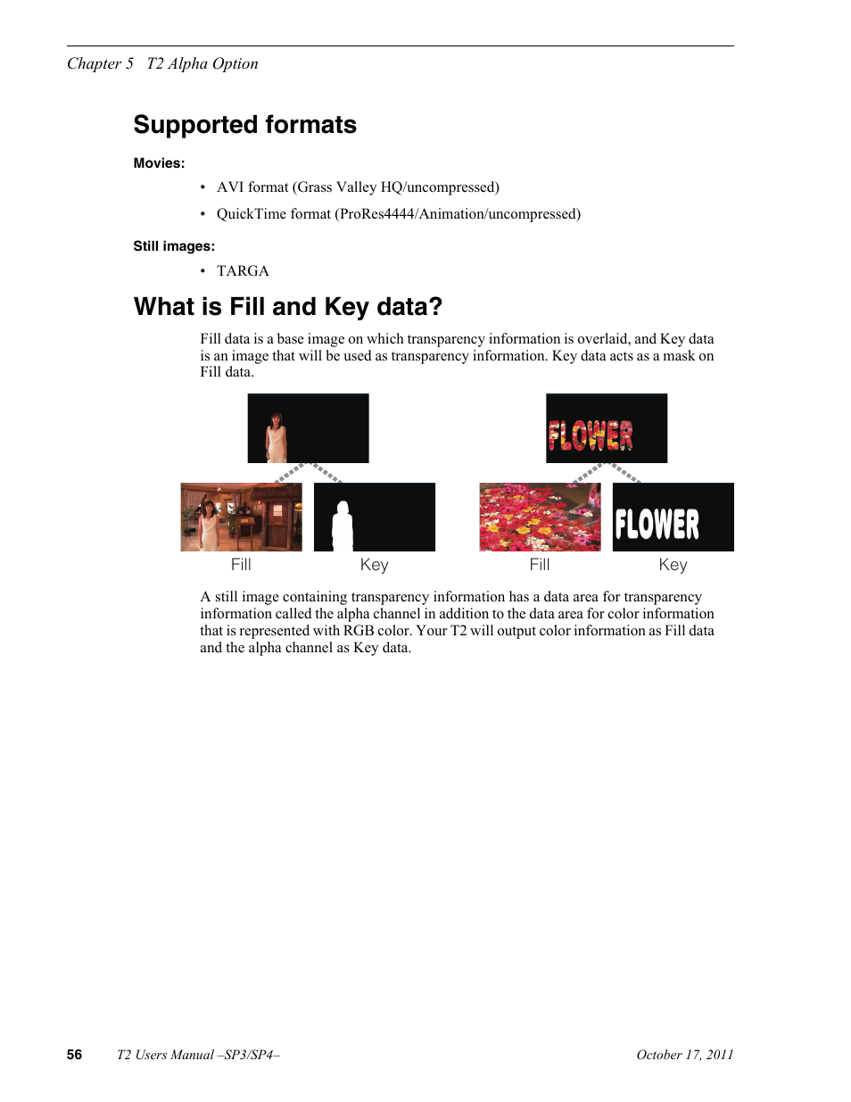 Supported formats, Movies, Still images | What is fill and key data | Grass Valley T2 Classic iDDR User Manual | Page 56 / 126